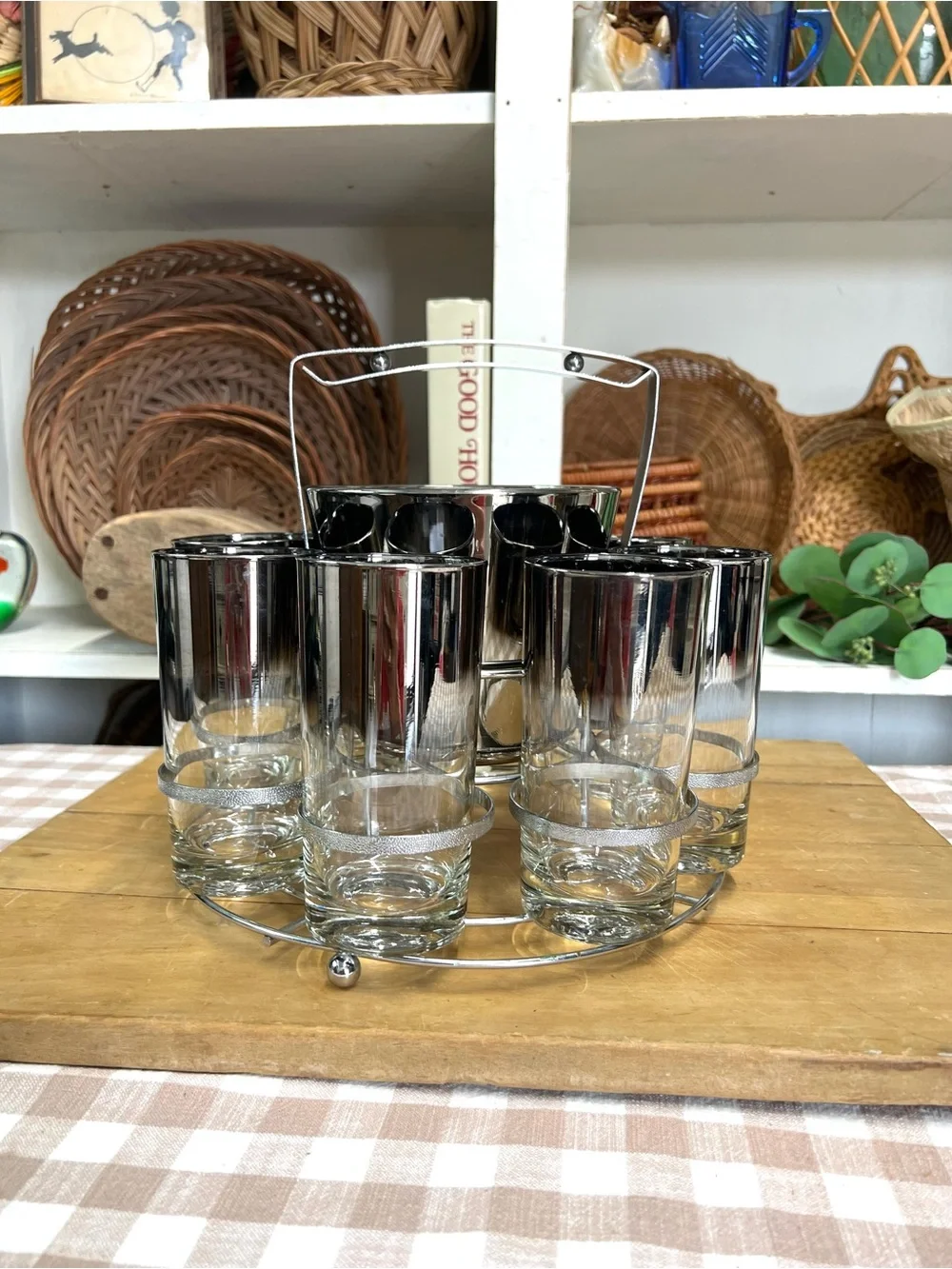 Vintage barware ice bucket glass highball tumblers caddy silver mid century